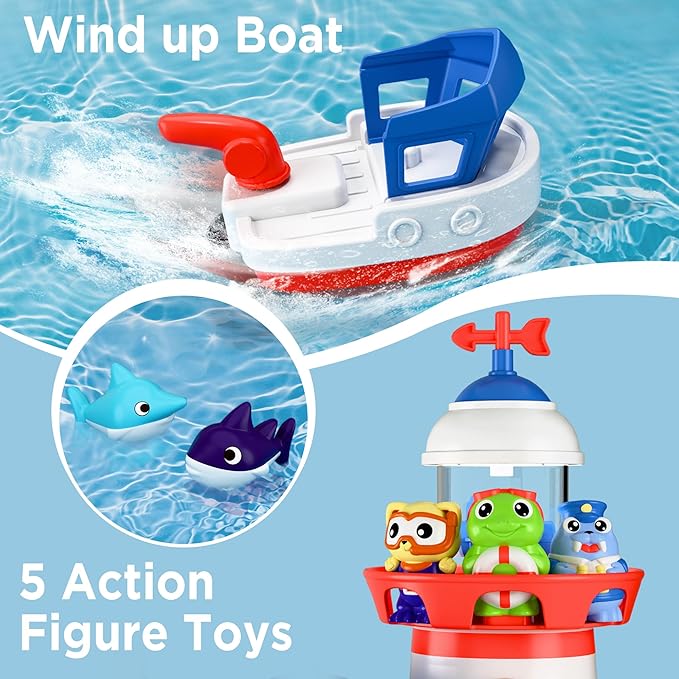 iPlay, iLearn Bath Toys for Toddlers 2-4, Kids Lighthouse Bathtub Shower Toy Set, Wind up Swimming Boat, Baby Bathtime Floating Fish Water Play, Fun Birthday Gifts for 18 Month 3 5 6 Year Old Boy Girl
