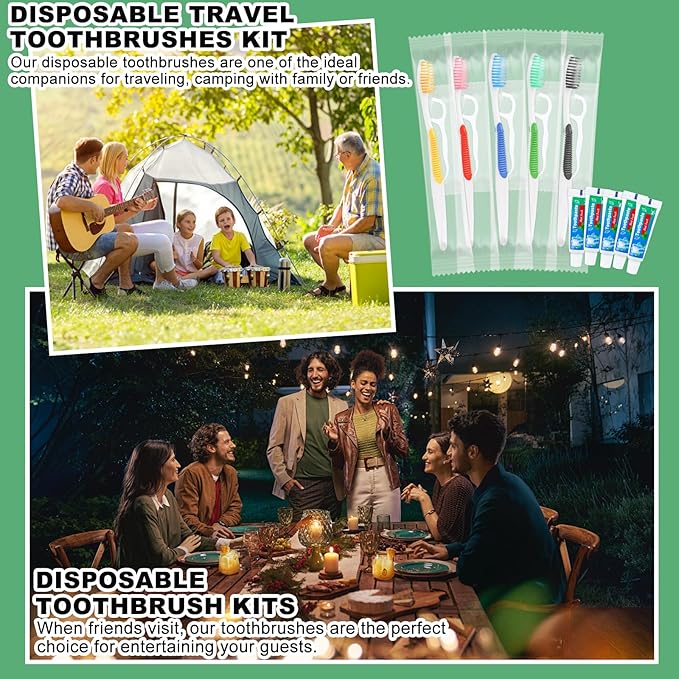 Disposable Toothbrushes with Toothpaste and Floss,50 Pcs 3 in 1 Individually Wrapped Single Use Travel Toothbrushes and Dental Floss Kit Bulk for Homeless,Guests,Dentist,Hotel(5 Colors)