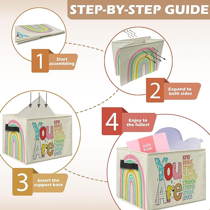 Boho Rainbow Inspirational Storage Bins, Positive Affirmation Gifts for Kids Collapsible Storage Box Laundry Basket with Handle for Home Bedroom Bathroom Playroom Clothes Toys Books