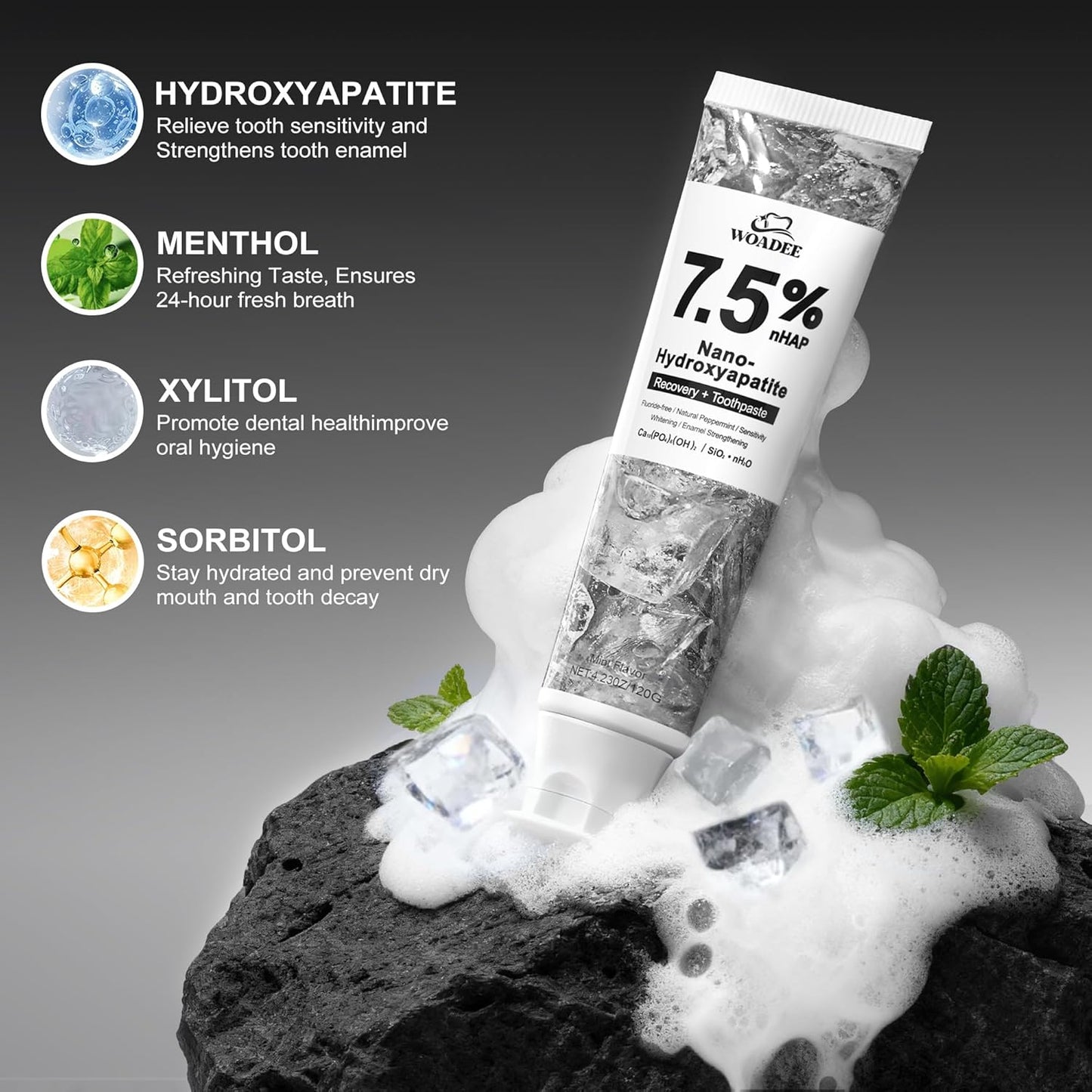 Woadee Nano Hydroxyapatite Toothpaste for Advanced Enamel Protection, Fluoride Free Toothpaste-Appropriate for Sensitive Teeth-for Adult, Kids Oral Care - Fresh Breath,4.23 oz 1P