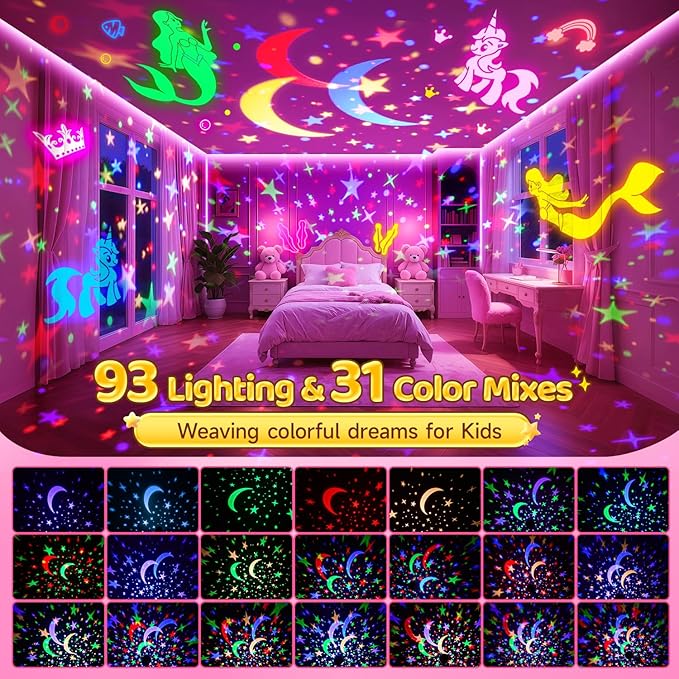 Girl Toys Age 1-10 Years Old, 【3 Film & 93 Colors】Princess Toys Mermaid Toys Unicorn Toys for Girls Age 4-6 Night Light for Kids Projector, Remote Control Little Girls Toys, Girl Gifts Toys for 3-8