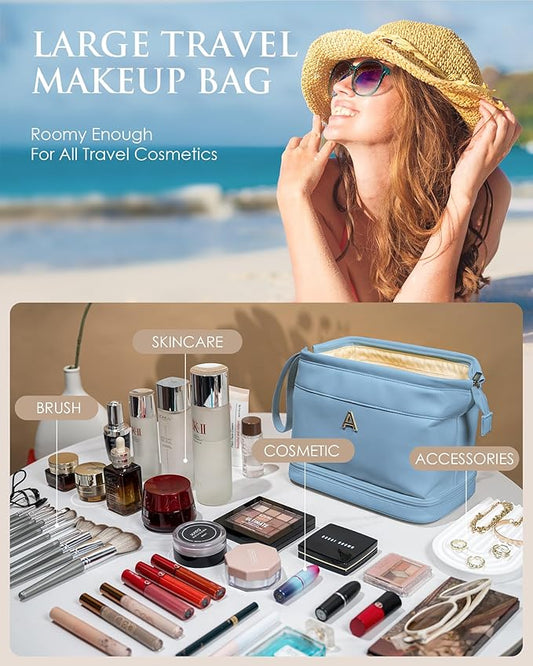 Birthday Gifts for Women, Initial Large Makeup Bag, Personalized Double Layer Cosmetic Bag with Makeup Brush Organizer, Waterproof, PU Leather Travel Toiletry Bag,Bride Gift Monogrammed Gifts