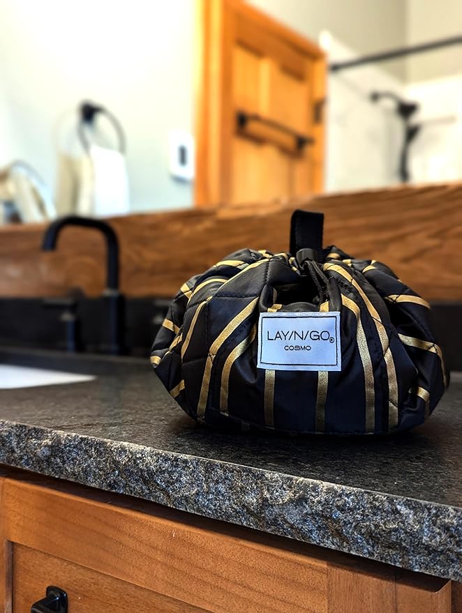 Lay-n-Go Cosmo Drawstring Cosmetic & Makeup Bag Organizer - Portable Drawstring Makeup Bag w/Zipper Pocket, Makeup Loops & More - Durable, Machine Washable Toiletry Bag (20", Black & Gold)