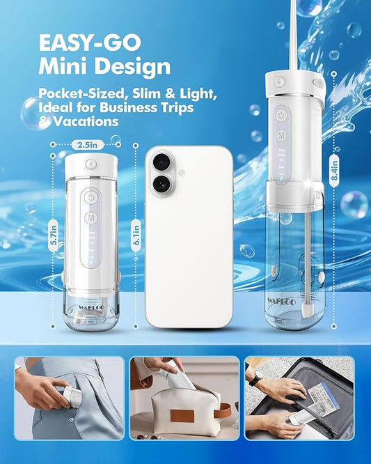 Water Flosser Travel Mini Cordless Portable: 5 Modes Water Dental Floss with Telescopic Water Tank, 4 Tips, IPX7 Waterproof Oral Irrigator for Teeth Cleaning, Orthodontic, Braces Dental Care