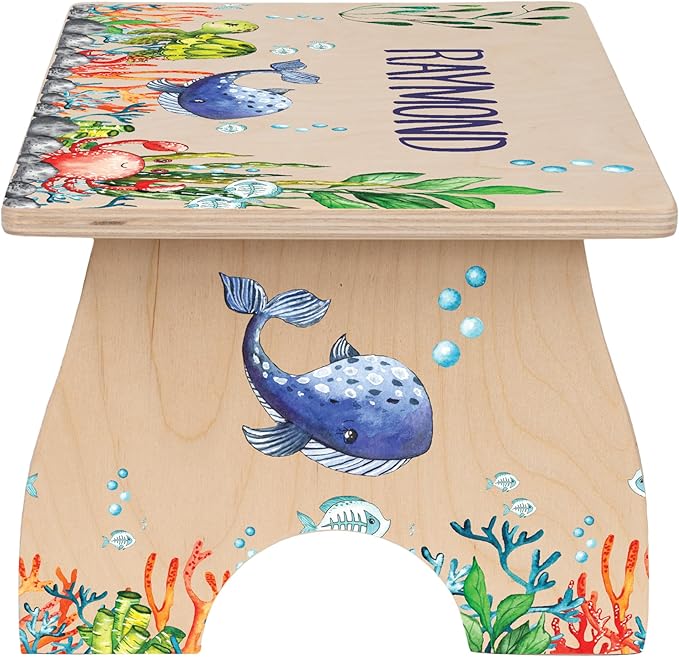 Step Stool for Toddlers- Personalized Wood Kids Step Stool with Name for Kitchen Sink, Bathroom, Potty Training, Toilet, Kitchen Sink- Sturdy and Safe- Made in USA by BloomOwl (Ocean)