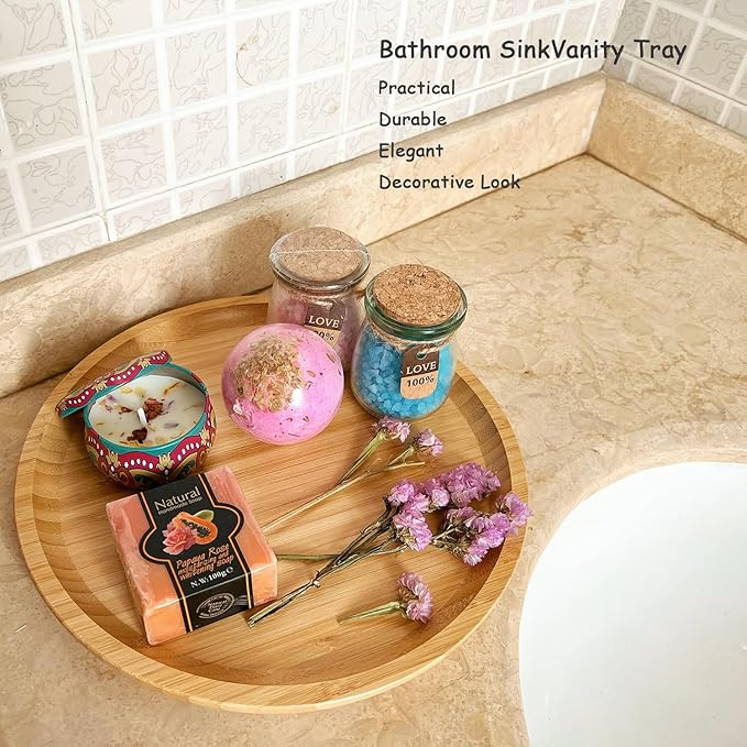 Wood Vanity Tray, Bathroom Counter Solid Walnut Organizer, Toilet Tank Top Wooden Serving Plate for Dinner Tea Coffee (Natural Bamboo Color, 9.8 x 9.8 inch)