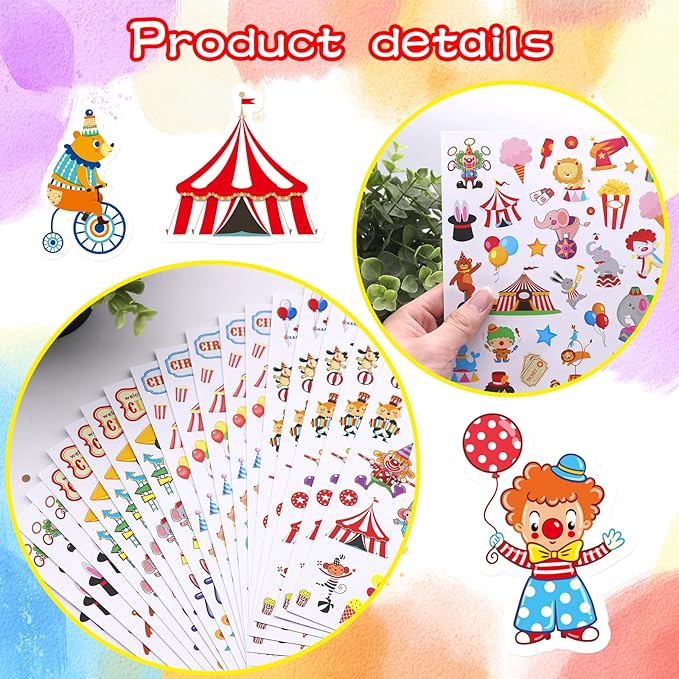 Cute Carnival Circus Stickers 820 Count Party Goodie Gifts Bags Decor Red White Elephant Clown Adhesive Stickers for Kids Girls Boys Birthday Invitations Art Craft Decor School Game Class Rewards
