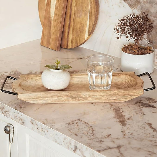 DN DECONATION Wooden Decorative Ottoman Tray with Handles, Rustic Rectangular Wood Tray for Coffee Table Bathroom, Candle Trays for Home & Living Room Decor Farmhouse Perfume Trinket Organizer