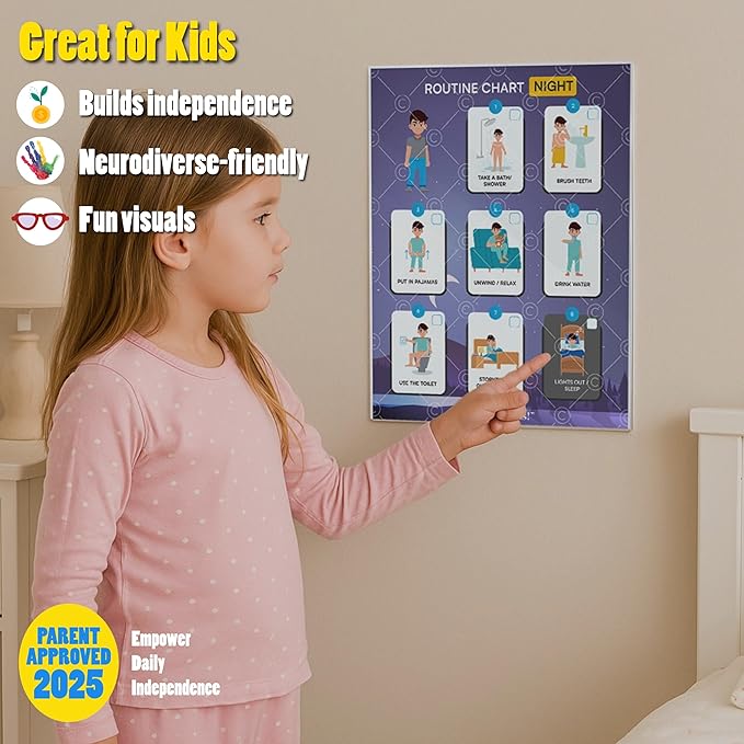 Night Routine Chart for Kids – Step-by-Step Visual Schedule (9x12 Laminated) | Self-Care Educational Chart for Children, Special Needs & Autism – Bedtime Routine Support – English