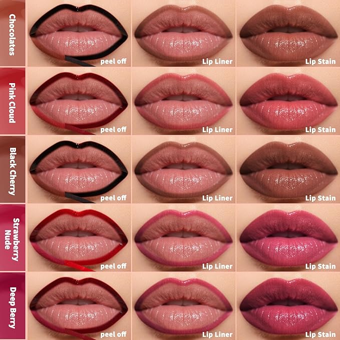 KIMUSE 5Pcs Peel Off Lip Stain, Long Lasting Lip Liner Stain, Waterproof, Transfer-Proof, Smudge-Proof, Highly Pigmented Lip Stain Peel Off Set for All Day Color Hold