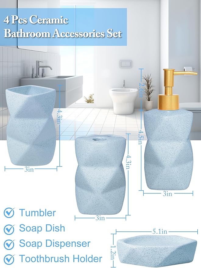 Bathroom Accessories Set,4 Pcs Bathroom Accessory Set,Includes Lotion Soap Dispenser,Toothbrush Holder,Tumbler,Soap Dish,Ceramic Bathroom Sets Complete,Bathroom Sink Set for Modern Home Decor(Blue)