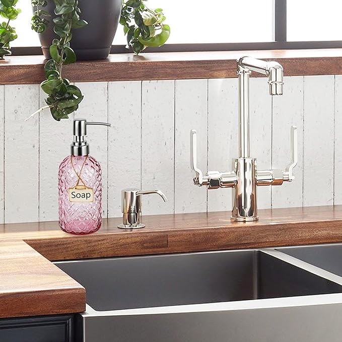 16 oz Soap Dispenser with 304 Rustproof Stainless Steel Pump, Kitchen, Bathroom Refillable Glass Liquid Soap Dispenser for Hand Soap, Soap, Lotion. (Pink)