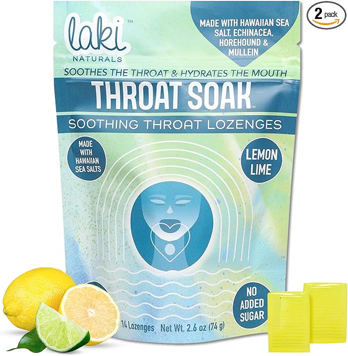 Laki Naturals Throat Soak Herbal Throat Lozenges (2 Pack) – Hawaiian Sea Salt Sore Throat & Dry Mouth Soothing Drops – Vegan, Non-GMO, Sugar-Free & Gluten-Free Sweet and Salty Herbal Candies