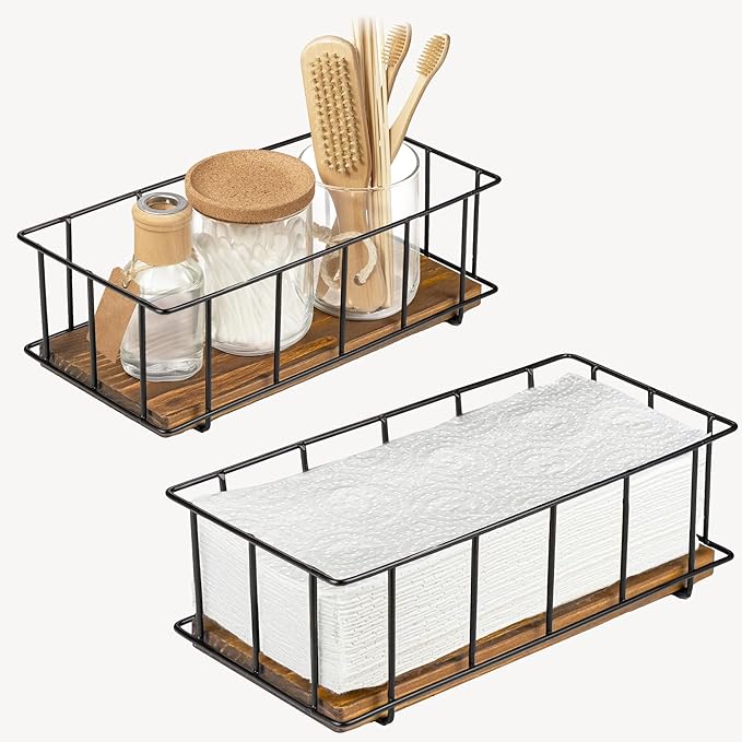 BAOBAB WORKSHOP Set of 2 Wooden Bathroom Baskets Organizer & Storage - Basket for Bathroom & Kitchen Decor - Toilet Tank Tray - Toilet Paper Basket for Back of Toilet Organizer
