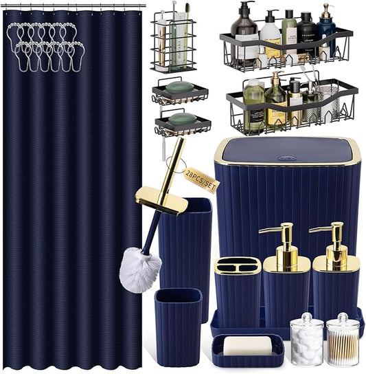 28PC Bathroom Set - Gorgeous Blue Bathroom Set, Bathroom Accessory Set, Blue Shower Curtain Set with 5PC Shower Shelves