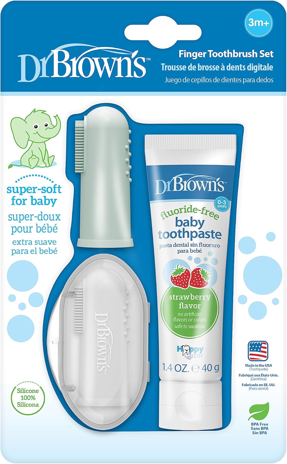 Dr. Brown's 100% Silicone Baby Finger Toothbrush and Toothpaste Set, 2-Pack Toothbrush with Storage Case, Fluoride-Free Strawberry Toddler Toothpaste, Gray & Light-Green