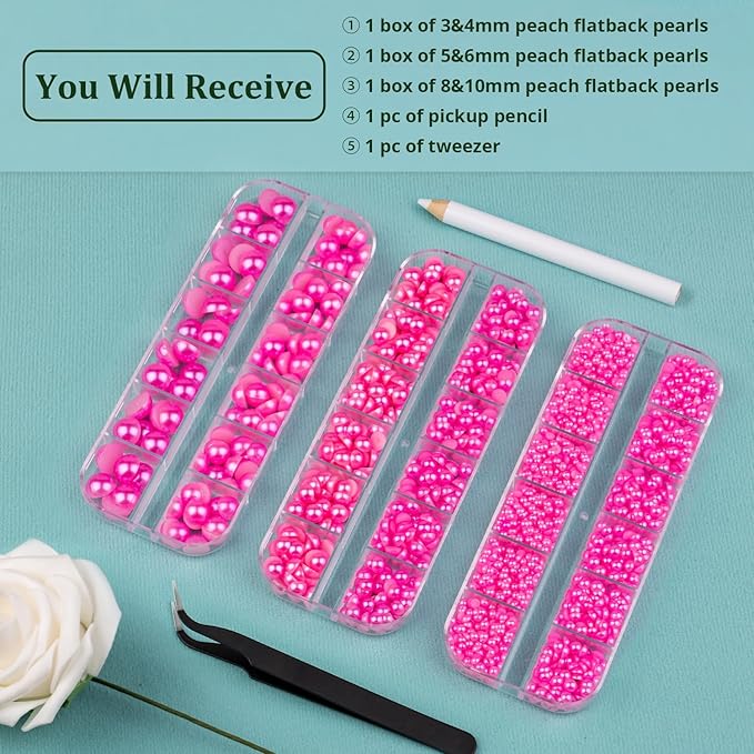 3 Boxes Flat Back Pearls Kit 12 Flatback Peach Half Round Pearls 3-10mm with Pickup Pencil and Tweezer for Home DIY and Professional Nail Art, Face Makeup and Craft