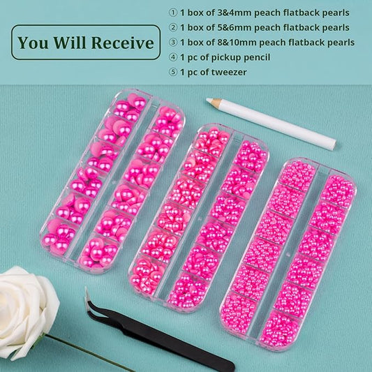 3 Boxes Flat Back Pearls Kit 12 Flatback Peach Half Round Pearls 3-10mm with Pickup Pencil and Tweezer for Home DIY and Professional Nail Art, Face Makeup and Craft
