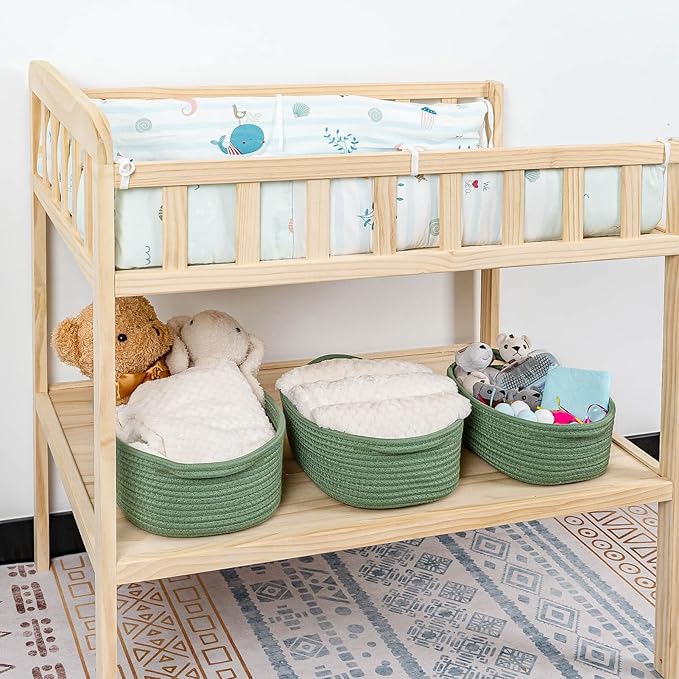 CubesLand Small Cotton Rope Storage Basket Set 5, Shelves Baskets for Organizing with Handle, Decorative Closet Storage Bins for Countertop Toilet Paper Basket for Toilet Tank Top,Green Basket