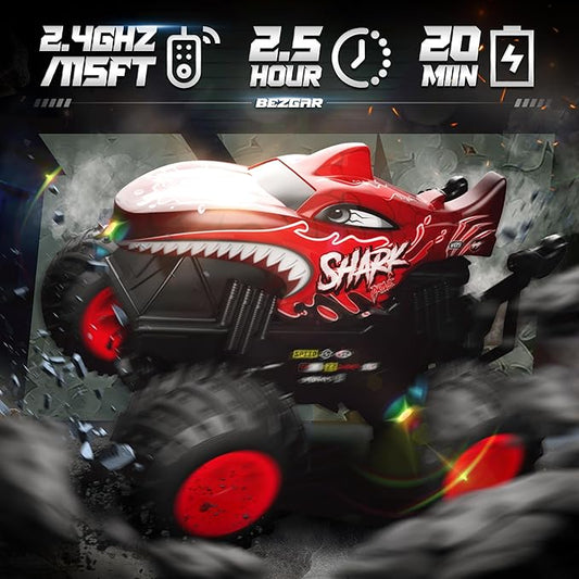 BEZGAR Monster Truck Toys - Remote Control Monster Truck with Light & Music, Dinosaur Toys for Kids, 1:20 Scale RC Truck with 360° Spins and Drifting, Remote Control Car for Boys 4-7 Red