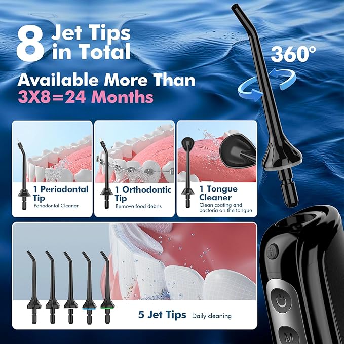 Cordless Water Dental Flosser for Teeth, with 8 Jet Tips, 300ML Tank Oral Irrigator Portable with 4 Modes IPX7 Waterproof Rechargeable Water Floss for Home Travel, Adults Teeth Cleaning (Black)