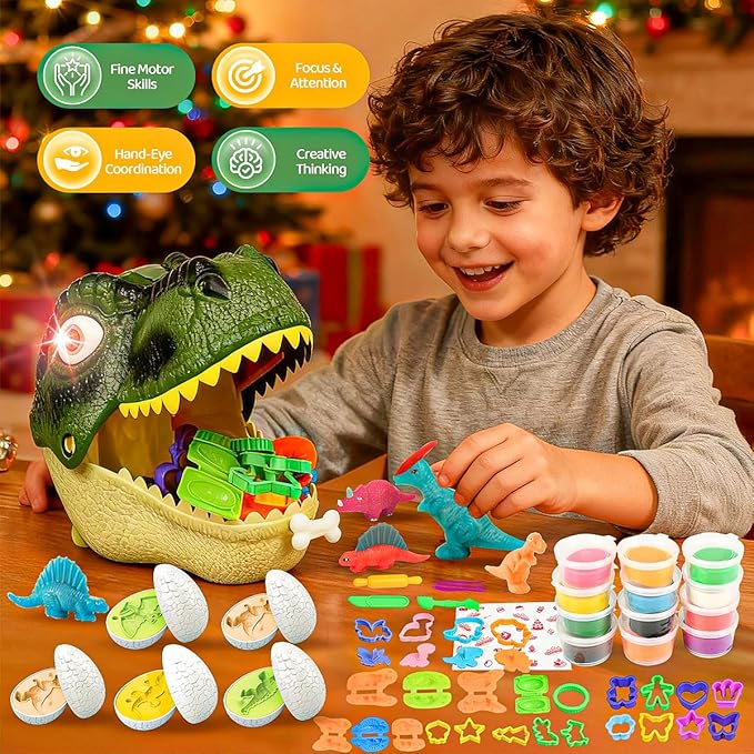 Dinosaur Toys Kids Dough Playset, 55PCS Dino Toys Kit with Molds & Clay, Make Dinosaurs or Create Your Own Models, Storage Case with Light & Sound, Gift for Boys & Girls Ages 3-8