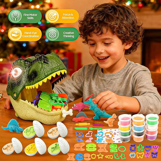 Dinosaur Toys Kids Dough Playset, 55PCS Dino Toys Kit with Molds & Clay, Make Dinosaurs or Create Your Own Models, Storage Case with Light & Sound, Gift for Boys & Girls Ages 3-8