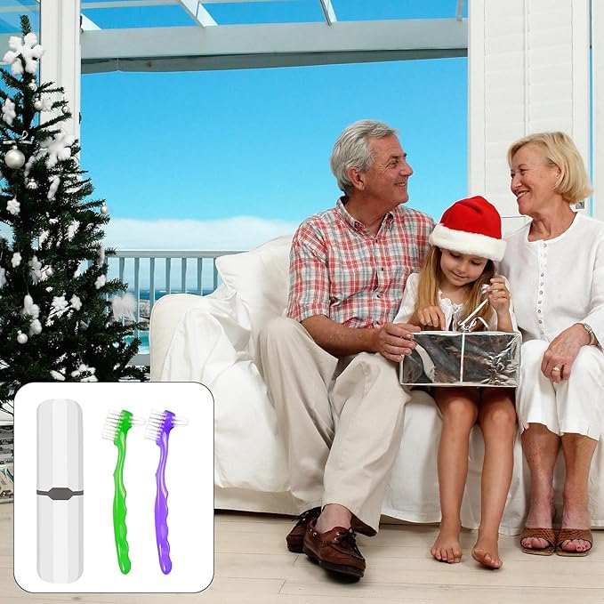 2-Piece Denture Cleaning Brush Set - Multi-Layered Bristles False Toothbrush with Ergonomic Handle and White Carrying Case for Fake Teeth Cleaning, Travel-Sized Oral Care Tool (Green&Purple, One Size)