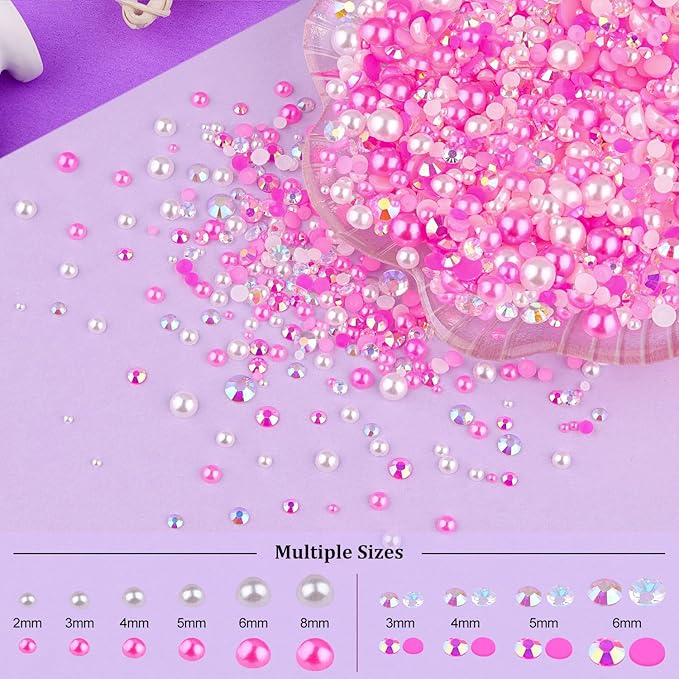 3 Boxes Flat Back Pearls&Rhinestone Kit 10 Flatback White&Peach Half Round Pearls+Resin Gems 2-8mm with Pickup Pencil and Tweezer for Home DIY and Professional Nail Art, Face Makeup and Craft