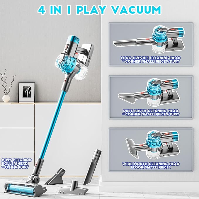 4-in-1 Kids Toy Vacuum That Really Works, Toddler Pretend Play Cleaning Set with Real Suction, Toys Working Cleaner Birthday Idea for 3 4 5 6 7+ Year Girl Boy (Cyan)