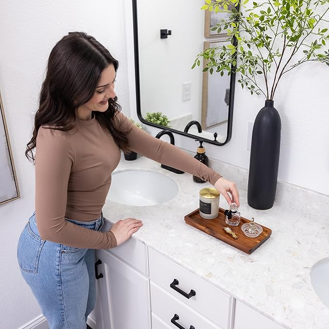 Bathroom Vanity Tray 11.8 x 5.9 inches of Natural Acacia Wood - Elegant Organizer for Cosmetics, Jewelry, Perfume, Candle, Key - Premium Wood Tray for Bathroom, Kitchen, Countertop, Toilet Tank, Sink