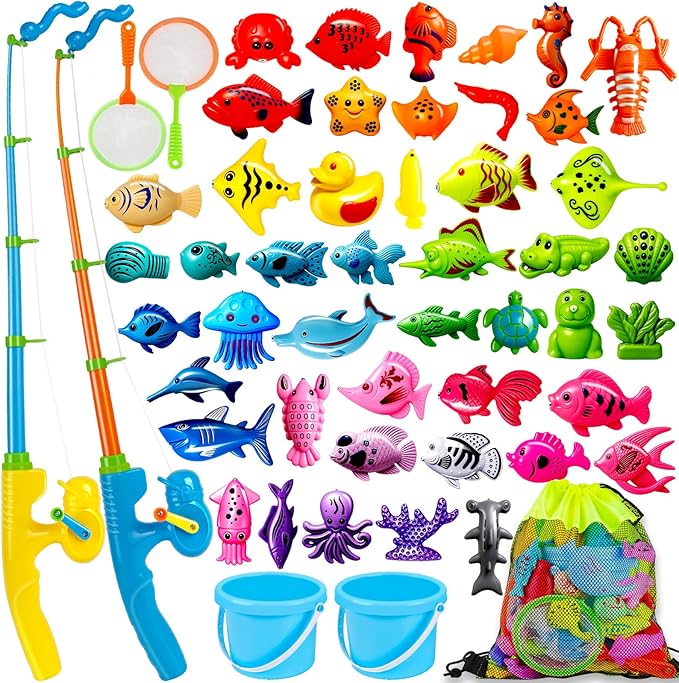 CozyBomB™ Magnetic Fishing Toys Game Set for Kids | Water Table Bathtub Kiddie Pool Party Pole Rod Net, Outdoor Plastic Floating Fish, Toddler Bath Color Ocean Sea Animals Birthday Gift Age 3-5 6 4-8