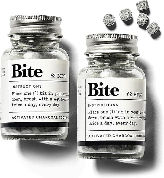 Bite Whitening Toothpaste Tablets – Nano Hydroxyapatite & Xylitol (Mint Charcoal) | Sensitive Teeth Friendly | No Fluoride, Vegan, Cruelty-Free | Travel-Size | 2 Bottles (124 Bits) | Made in USA