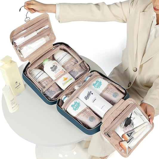 NISHEL Travel Toiletry Bag for women, Portable Hanging Organizer for Family-Sized Shampoo, Conditioner, Brushes Set, Makeup Accessories, Extra Large Size, Lake-Blue