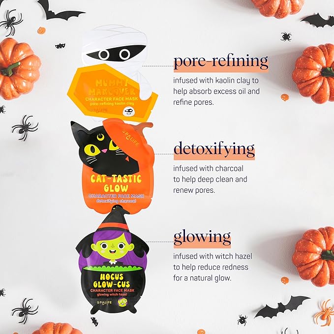 SpaLife Beauty Halloween Face Mask Spooky Glow Bundle | Korean Facial Masks | Pore-Refining, Detoxifying, and Brightening Face Mask Set | Halloween Gifts for Women | Facial Sheet Masks | 12 Pack