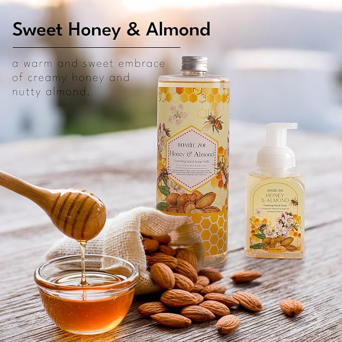 ROMIIE ZOI Foaming Hand Soap Refill- Natural Honey & Almond Fragrance Gentle & Moisturizing Formula Hand Soap Refills with Dispenser for Home & Kitchen, 1 L/ 33.8 FL OZ pack of 3