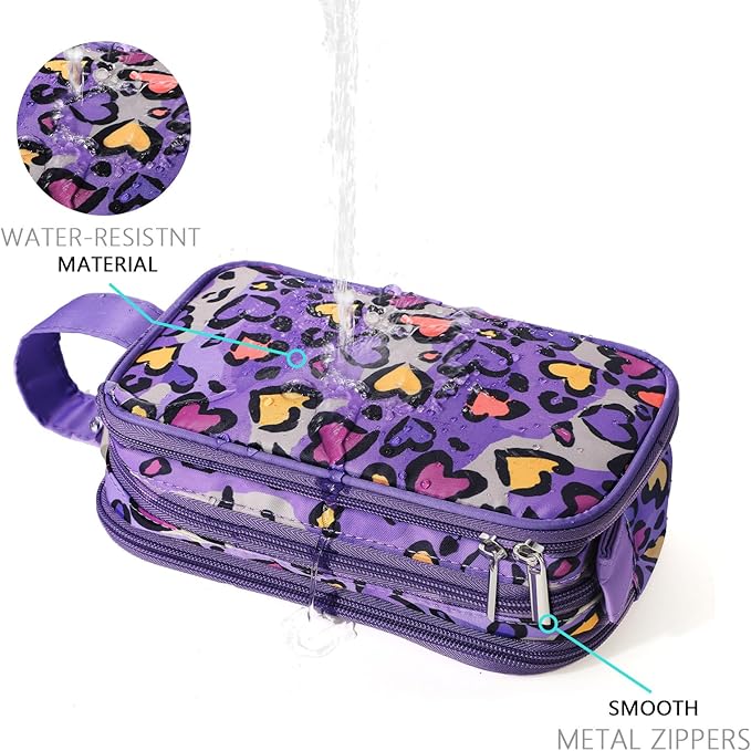 Kids Toiletry Bag for Girls, Travel Toiletry Bag for Little Young Girls Cosmetic Bag Makeup Bag Waterproof Hanging Wash Bag Toddler Toiletries, Leopard Purple