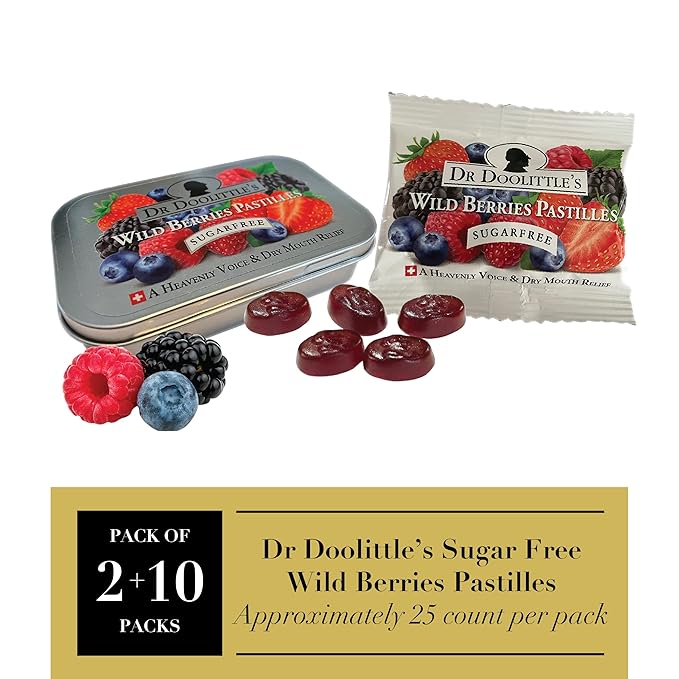 DOOLITTLE Dr Sugar Free Soft Fruit Pastilles for Voice and Throat, Wild Berries Flavor, Multipack of 2.12 Ounce Tin, 2 Pack and .33 Ounce Travel Size Bag, 10 Pack