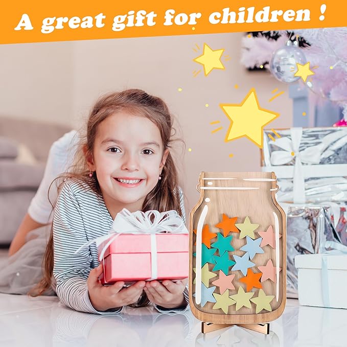 Magnetic Reward Jar, Star Reward Jar Set for Kids Potty Training Reward Jar System for Classroom, Magnetic Reward Jar for Classroom Board Behavior Management Home Reward Jar (Natural Wood)