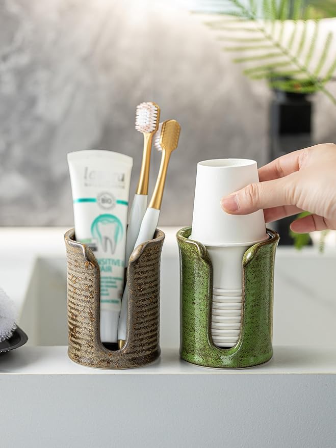 Ceramic Bathroom Cup Dispenser, 3 Oz Mouthwash Cup Dispenser Bathroom Cup Holder for Dixie Cups Rising Cups, Small Disposable Paper Cup Holders, Brown