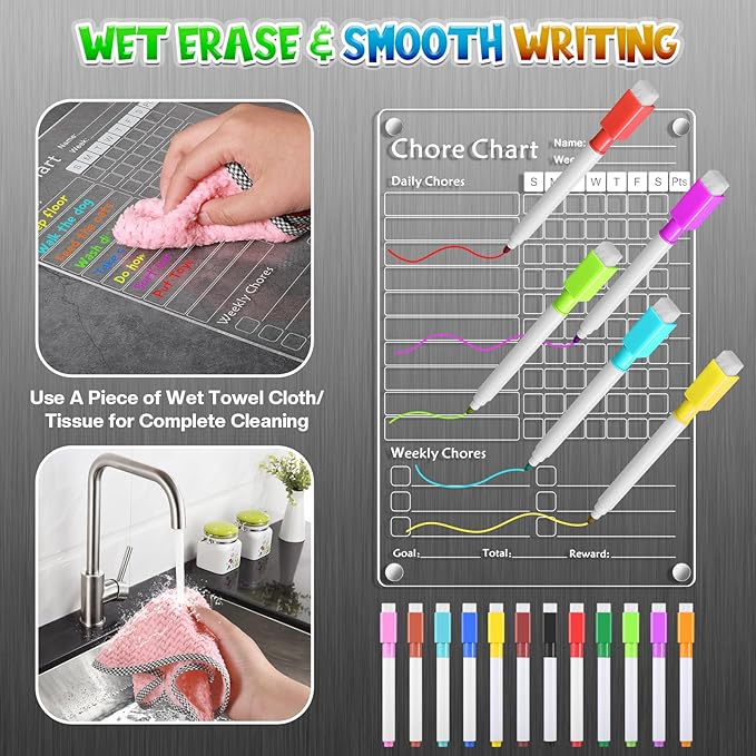 Acrylic Magnetic Chore Chart for Kids,Chores Chart for Fridge Refrigerator,Dry Erase Behavior Chore Chart for Multiple Kids,Reward Chart for Multiple Kids Teens Adults Family,8"x12" (White-2 Pack)