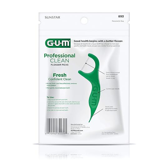GUM Professional Clean Floss Picks - Extra Strong Shred-Resistant Floss, Easy Grip Handle - Dental Flossers for Adults - Fresh Mint Flavor, 90ct (Pack of 2)
