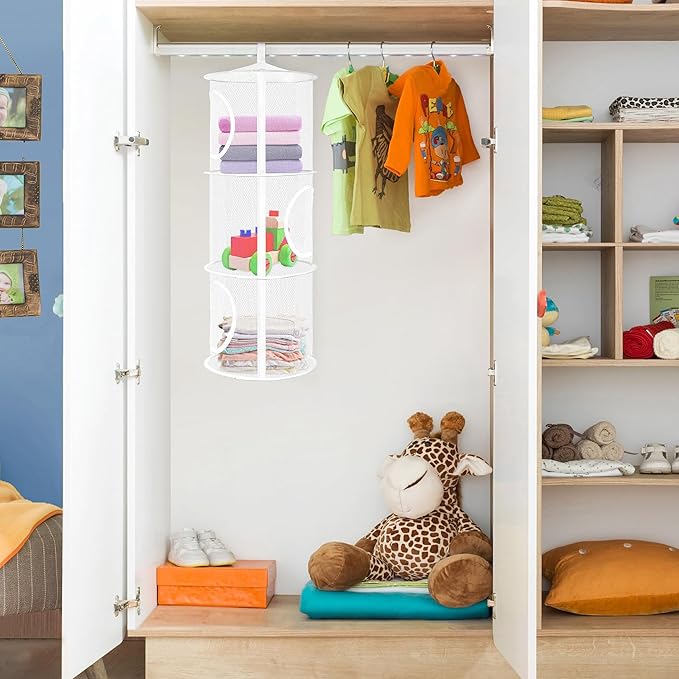 Libeder Mesh Hanging Storage Space Saver Bags Organizer,Foldable Storage Organizer 3 Compartments Toy Storage Basket for Kids Room Bathroom 2 Sets, White