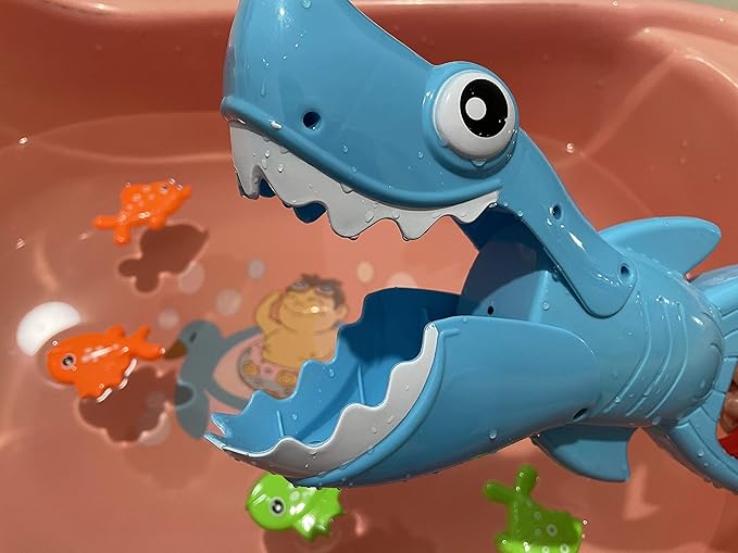 INvench Shark Grabber Baby Bath Toys - Blue Shark with Teeth Biting Action Include 4 Toy Fish - Bath Toys for Kids Ages 4-8 Boys Girls Toddlers Pool Toys