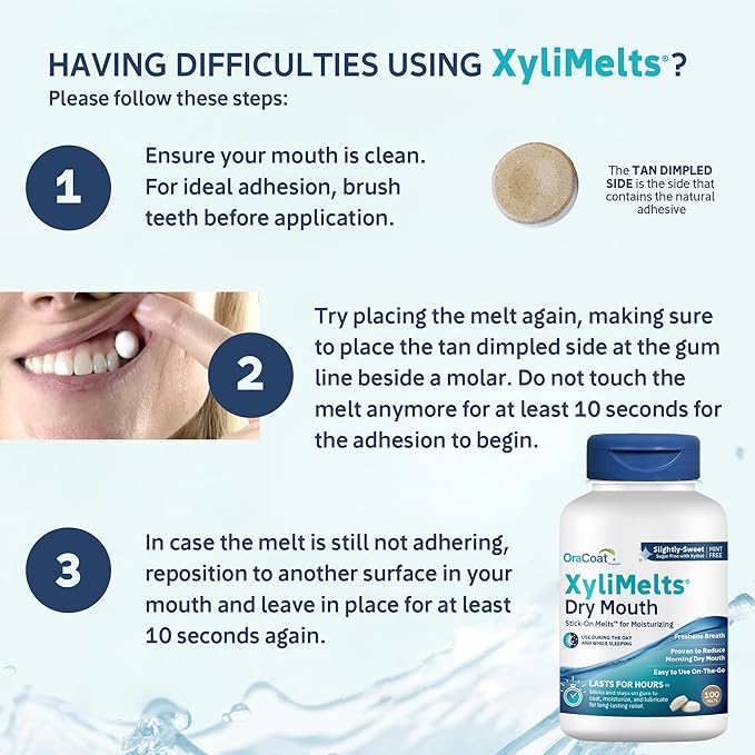Oracoat XyliMelts for Dry Mouth Night Time or Day - Moisturizing Dry Mouth Adhering Discs, Sugar Free with Xylitol, 100 Count, Slightly Sweet Flavor, 8-Hour Relief
