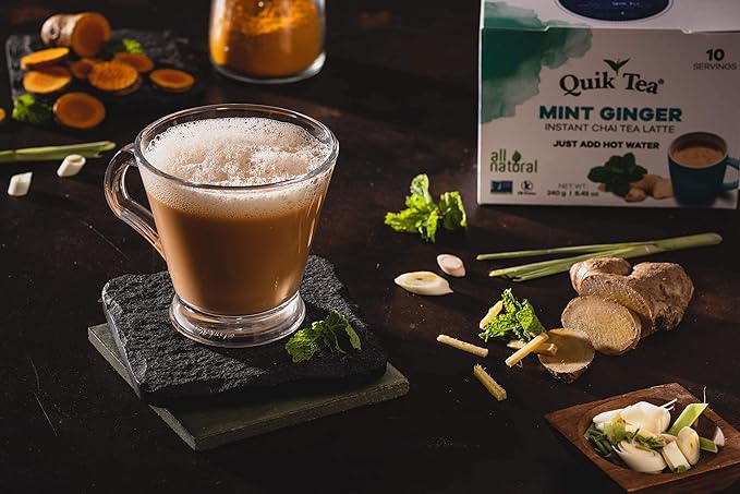 Quik Tea Lemongrass Ginger Instant Chai Tea Latte - 10 Count Single Box - All Natural Digestion Tea | Just add hot water