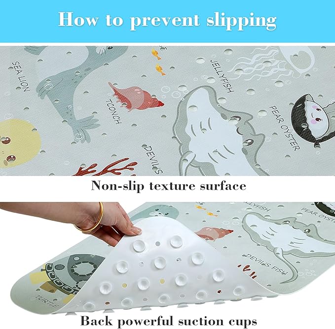 Bath Mat for Tub Non Slip, Machine Washable Anti-Slip Cartoon Baby Bathtub Shower Mat with Drain Holes and Suction Cups for Toddler & Kids, 40 Inch x 16 Inch, Greige Sea Animals