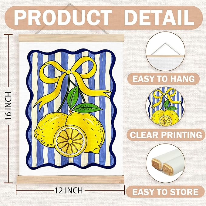 FDHSPAAM Coquette Yellow Bow Lemon Wall Art Decor, Lemon Home Decor, Blue and White Striped Fruit Wall Art Posters for Kitchen Dining Room Living Room Home, 12x16 Inch