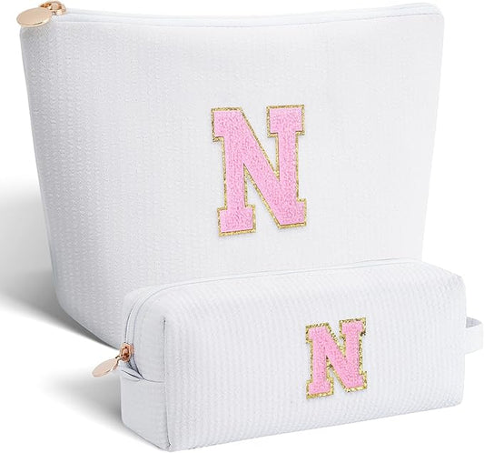Personalized Makeup Bag for Women Girls - Fashion Cosmetic Bag Trendy Travel Toiletry Bag with Initials Letter - Teen Gifts - White,N