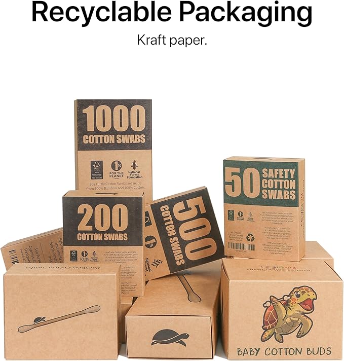 Sea Turtle Bundle Toothbrush and Swabs, Plant-Based Bristles Bamboo Toothbrushes (4 Pack) and Bamboo Cotton Swabs (500 Count)